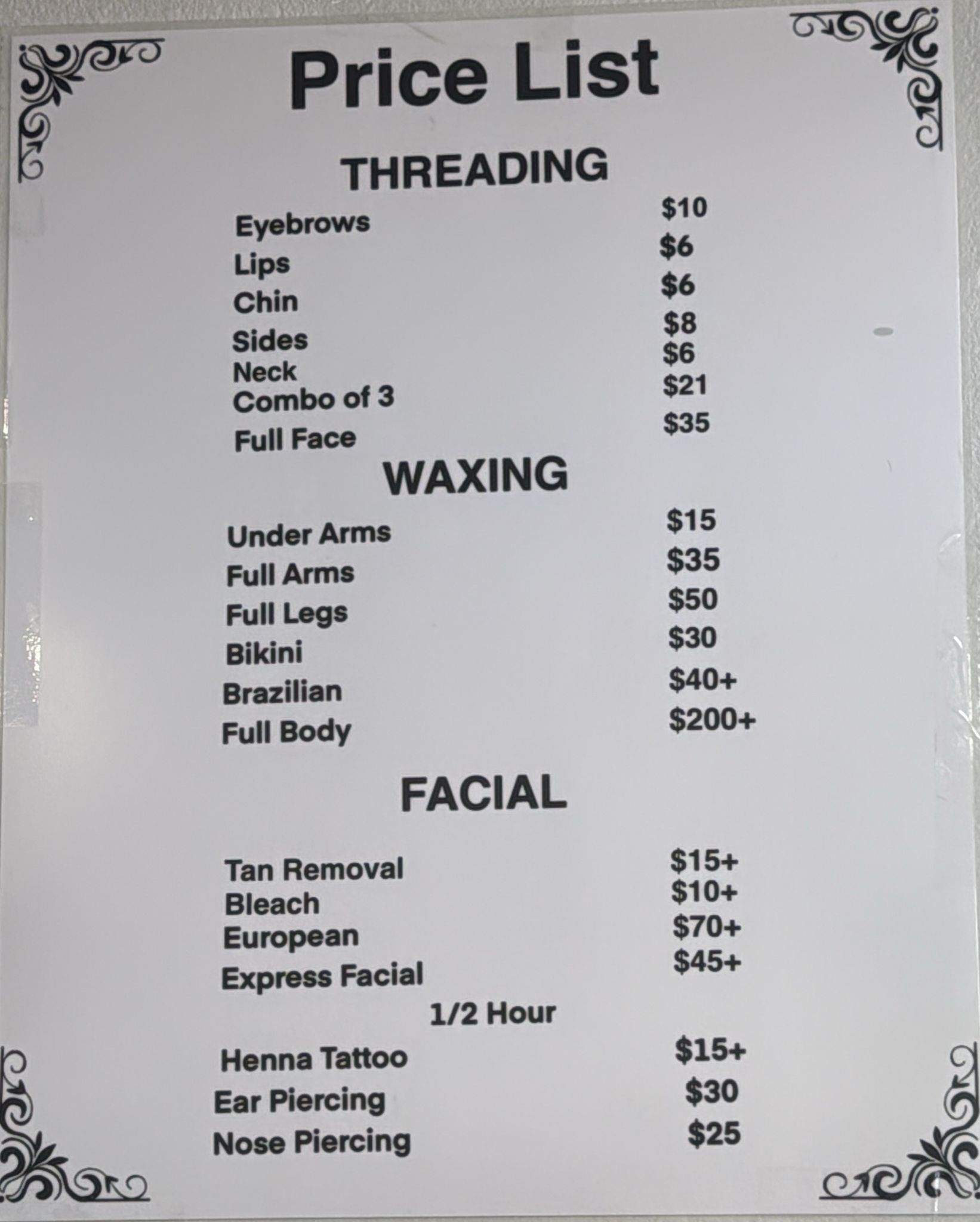 The EZ iBrows service and price board.